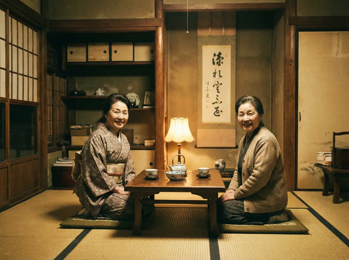 两位优雅的 彩富体育平台 在日式茶室中品茶交谈
